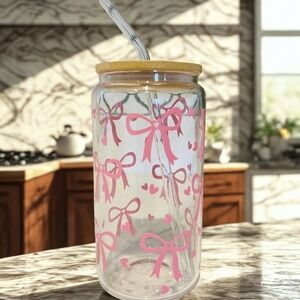 Pink Bow Glass Tumbler with Straw
